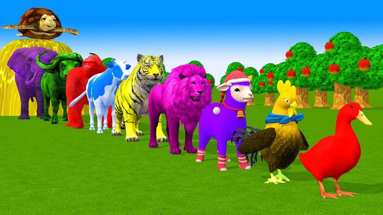 Long Slide Game With Cow Elephant Gorilla Hippopotamus Tiger - 3d Animal Game - Funny 3d Animals