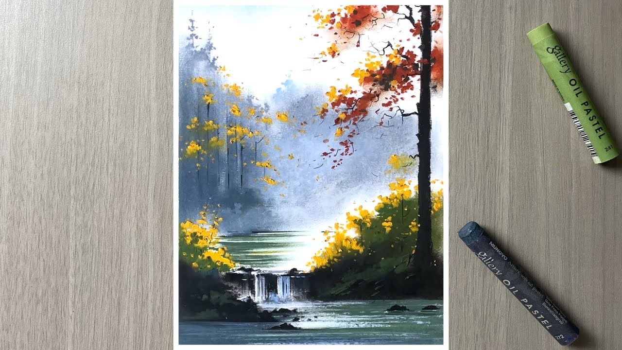 Misty forest scenery - oil pastel painting idea