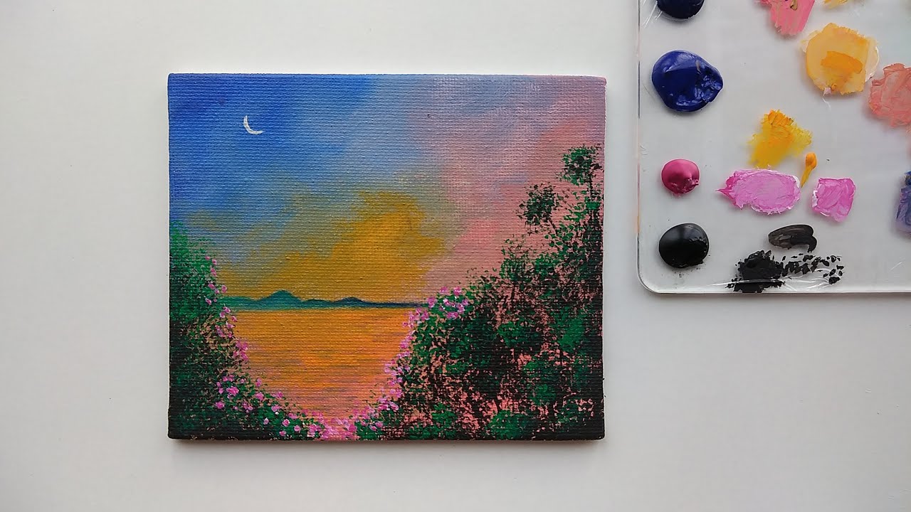 Pinkish Sky Landscape Painting with Acrylics on Canvas - Landscape Painting for Beginners