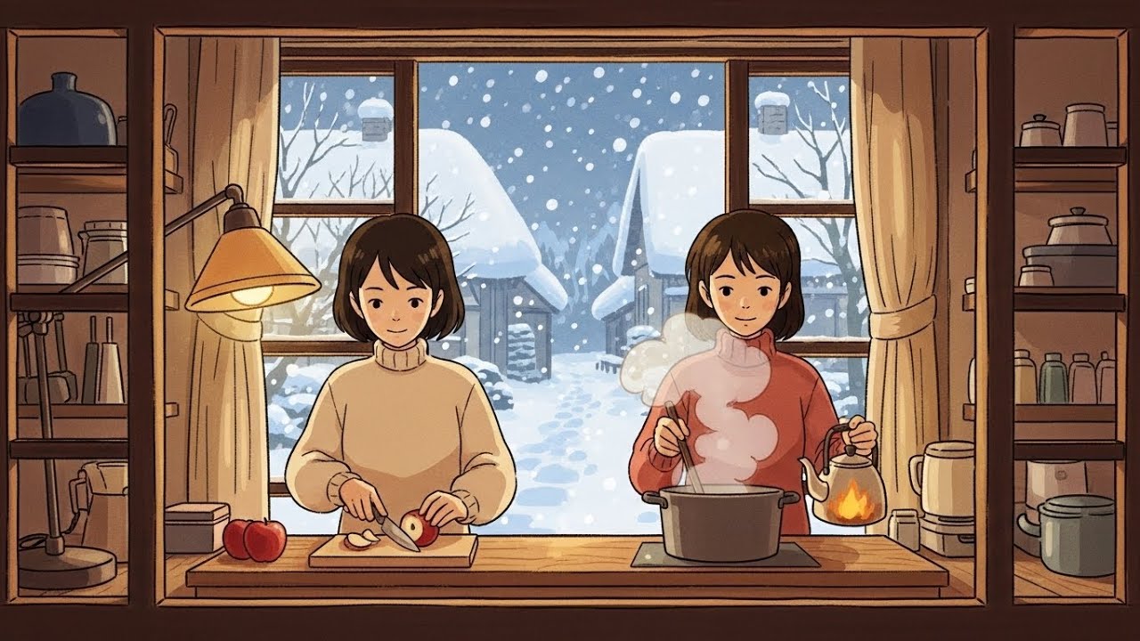 Snow Falling Outside the Village House | A Peaceful Life  ❄️🏡 | Cozy Moment | Ghibli Cozy Family
