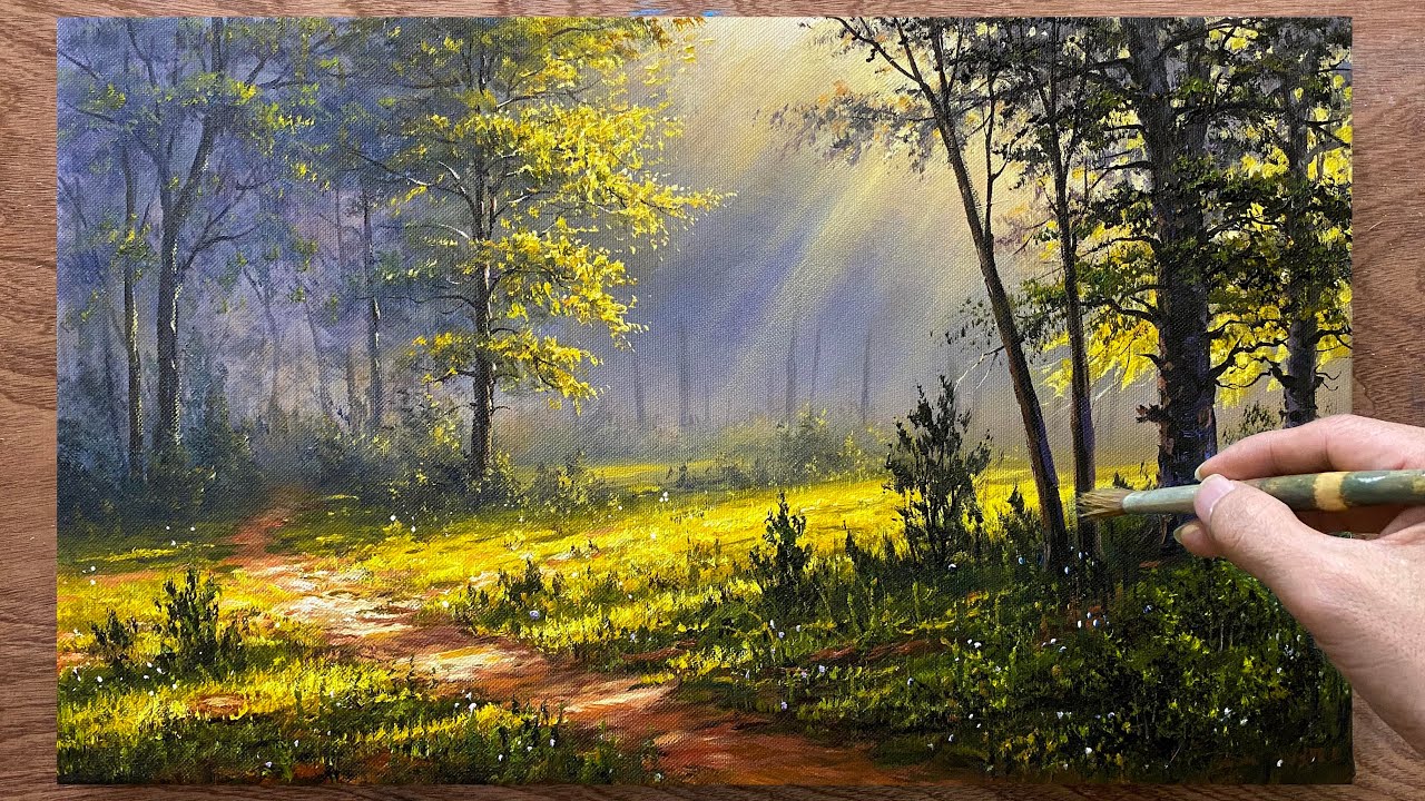 How to paint acrylic landscape paintings / Sunbeams through the trees / Acrylic art paintings.