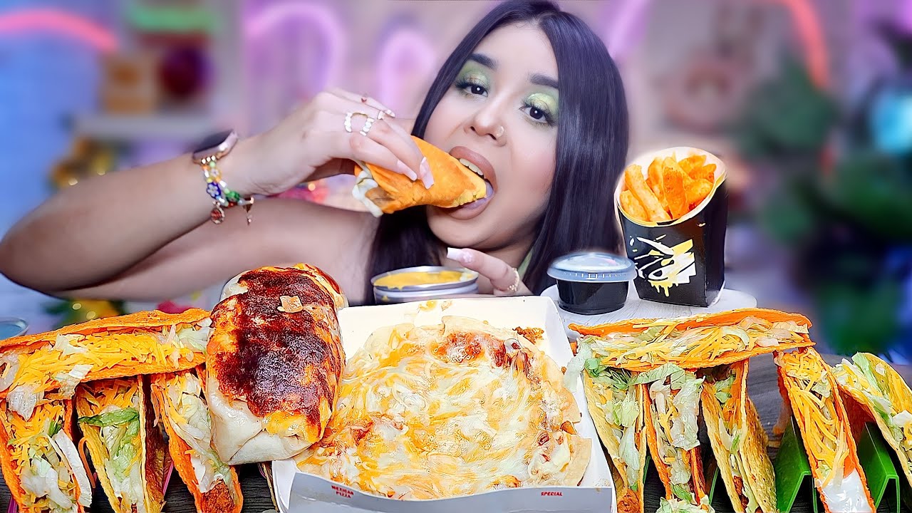 TACO BELL ASMR (Crunchy Tacos Party Pack, Steak Bacon Burrito, Nacho Fries) EATING SOUNDS
