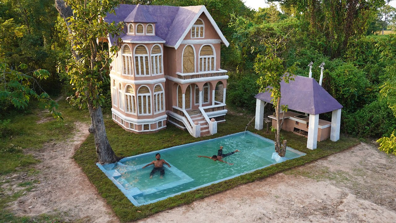 Build a Mud Kitchen For Survival in Forest & a Private Swimming Pool Outdoor Luxury Mud Villa House