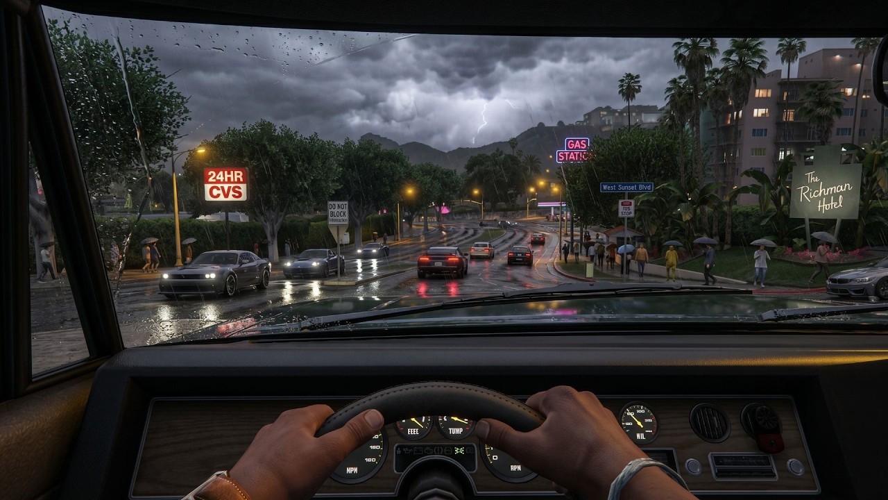 10 Hours Rain on Windshield | GTA V Realistic Storm Drive