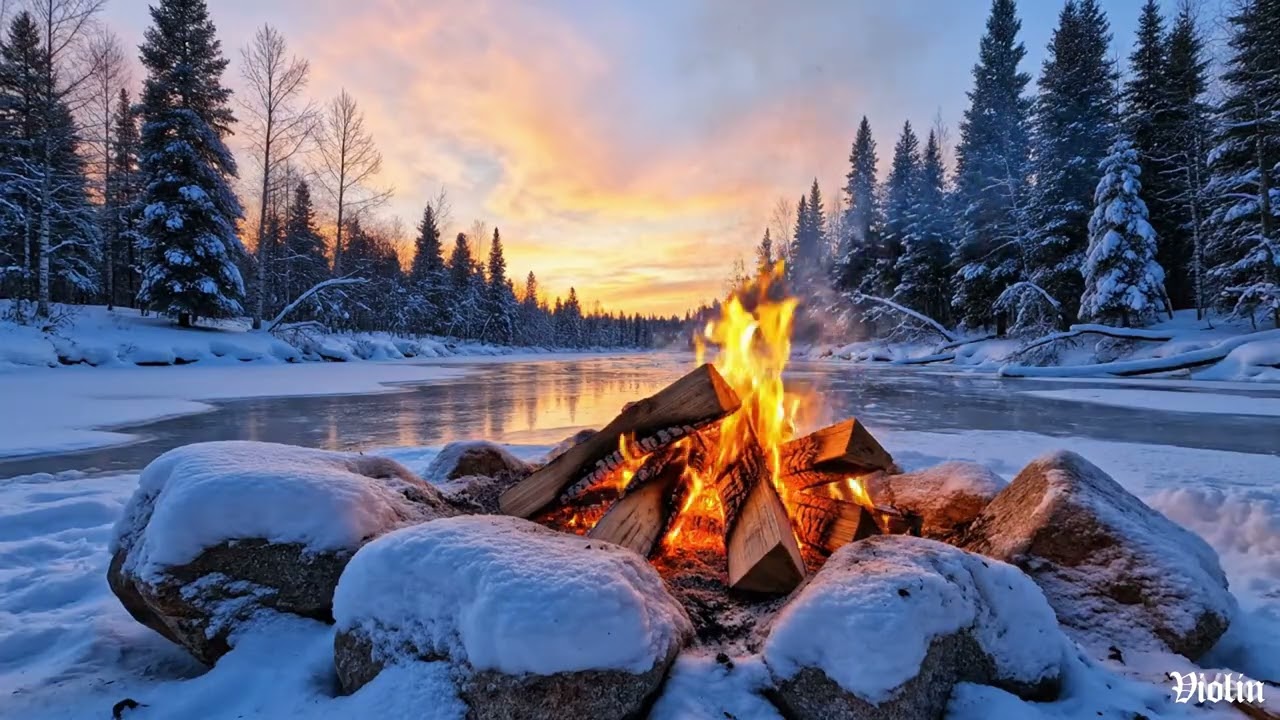 🔥Violin Fireplace 4K (1 HOURS). Fireplace with Crackling Fire Sounds. Fireplace Ambience