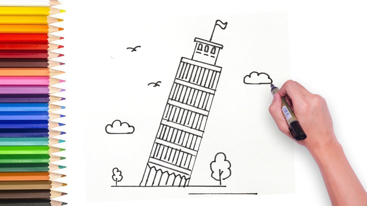 Learn how to draw tower of Pisa step by step - video for kids to learn drawing painting and have fun