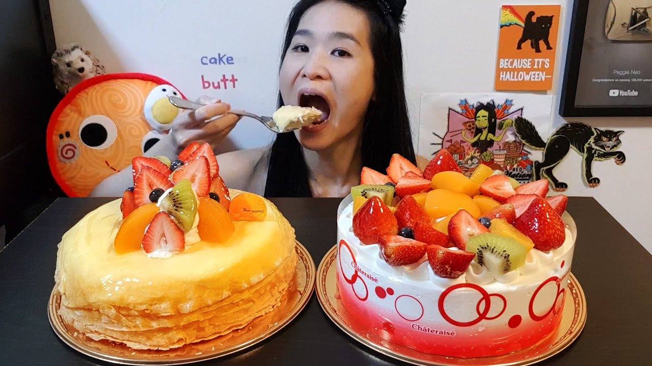 Eating Two Whole Cakes! Strawberry Cake & French Crepe Cake - Sweet Dessert Mukbang w/ Asmr Eating