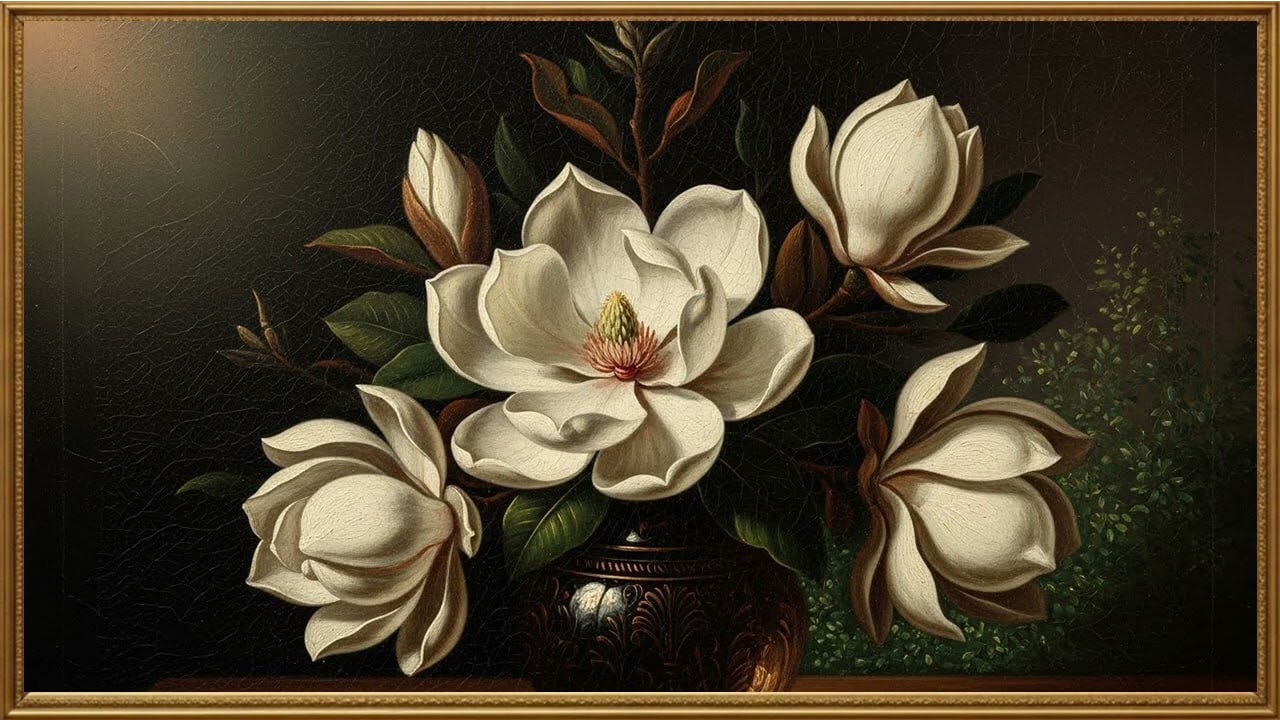 OLD ANTIQUE ART STYLE PAINTING, WHITE MAGNOLIA FLOWERS|