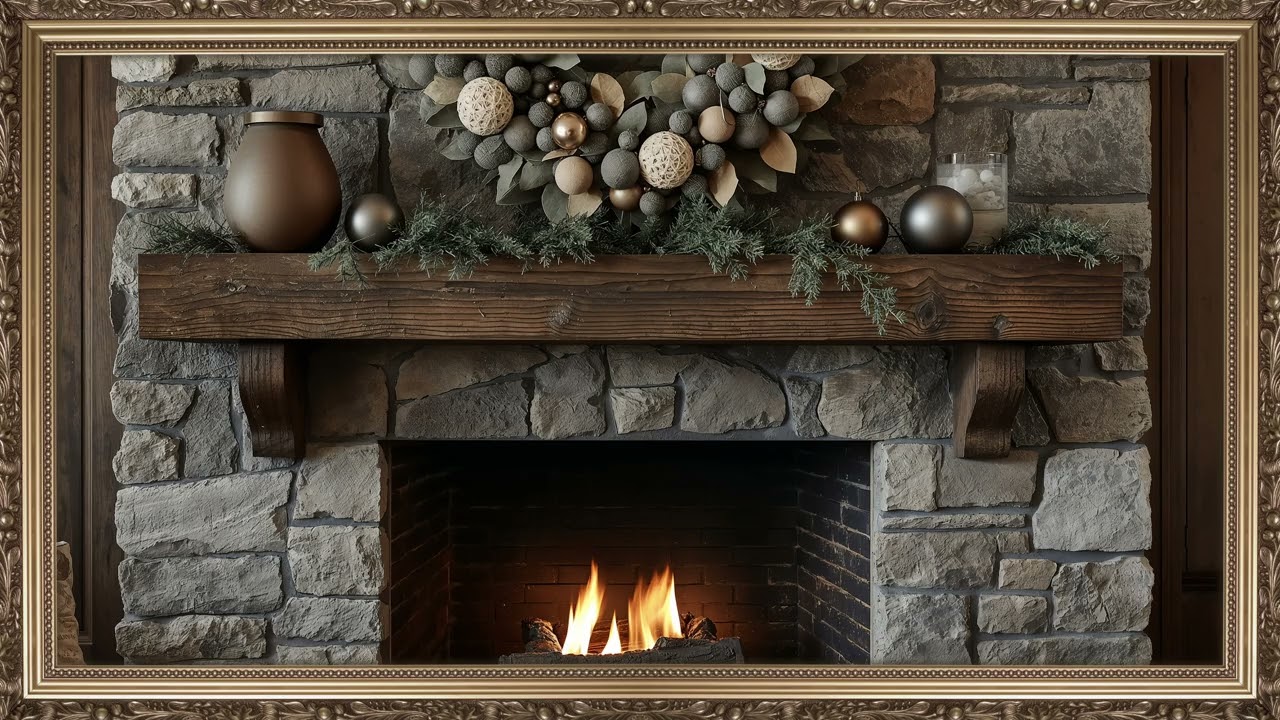 8-Hour Rustic Stone Fireplace Christmas Ambience | Cozy Mountain Lodge Decor in 4K UHD