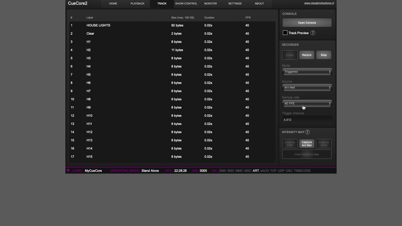 LX2. Trigger Record Visual Productions Quadcore or Cuecore from Chamsys