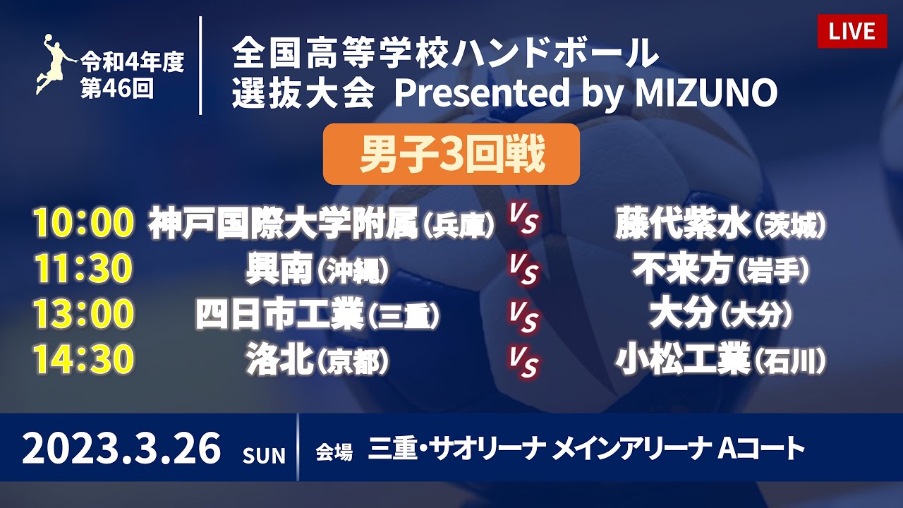 【男子3回戦Aコート】第46回ハンドボール高校選抜 | 2023年3月26日 | サオリーナ | Presented by MIZUNO