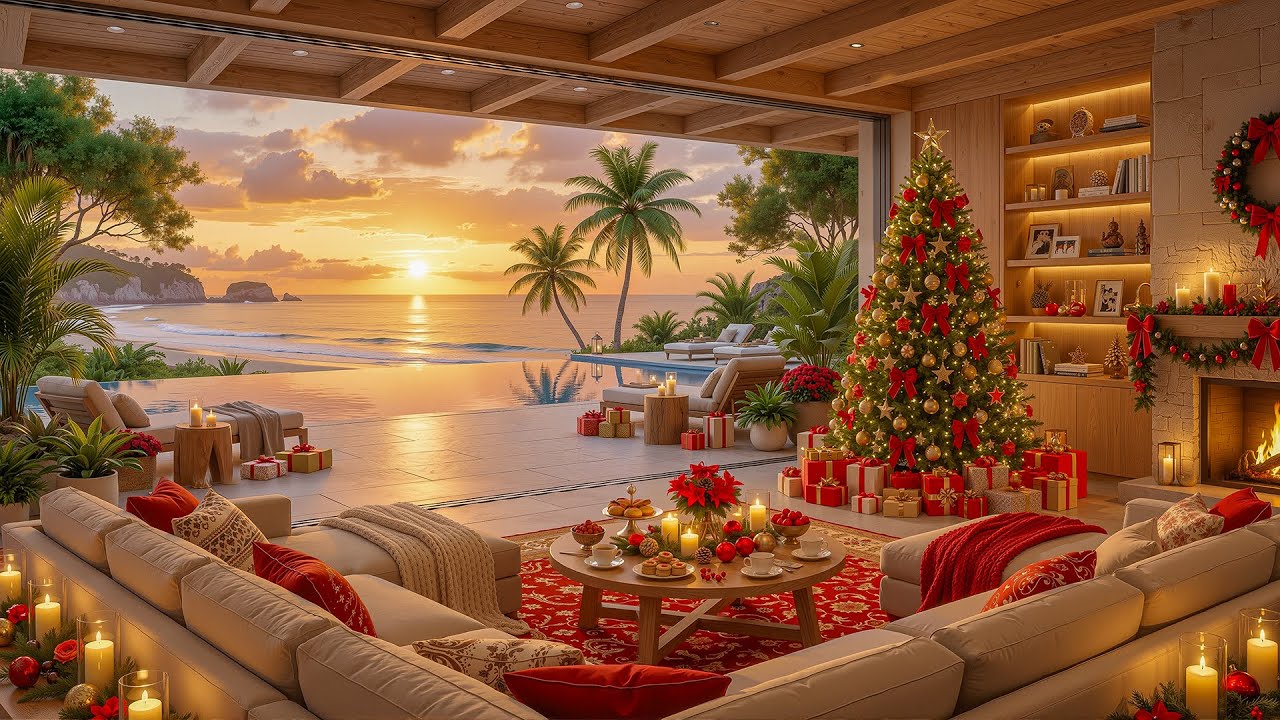 Smooth Jazz, Ocean Waves & Fireplace 🎄Peaceful Sunset at the Beach | Cozy Tropical Christmas