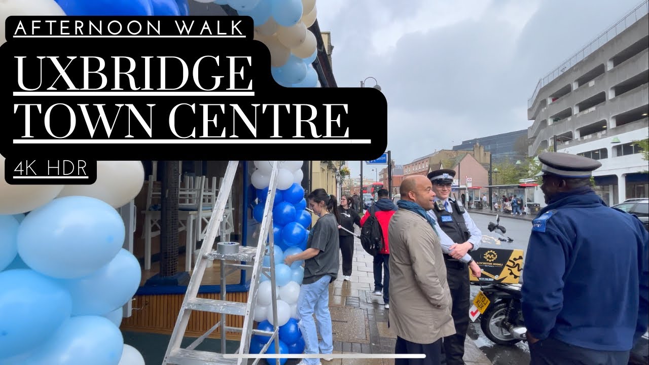 Uxbridge High Street in Hillingdon Borough. Relaxing walk in the rain.