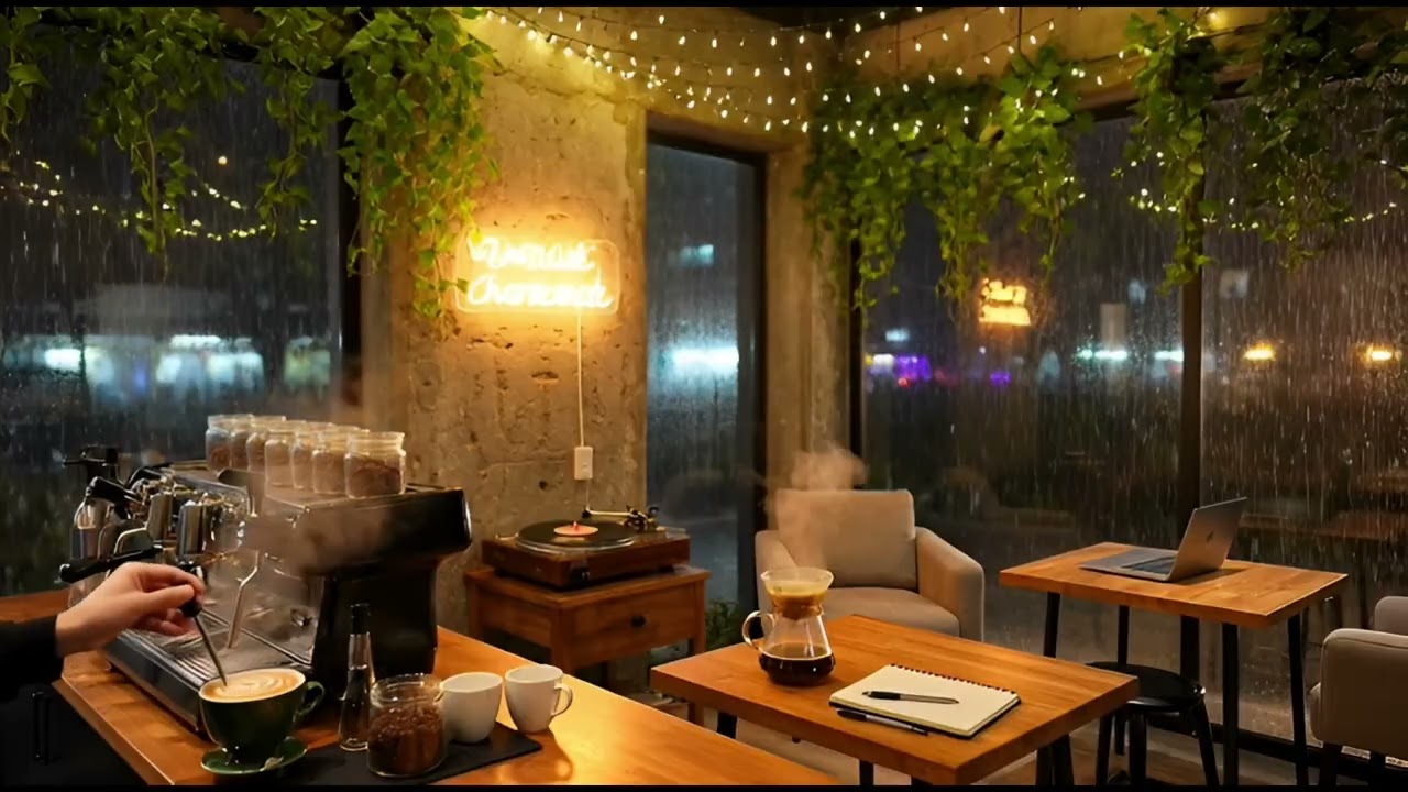 Cozy Coffee Shop Ambiance ☕🌧️ Rainy Night Cafe Sounds for Studying, Working & Relaxation | 2 Hours