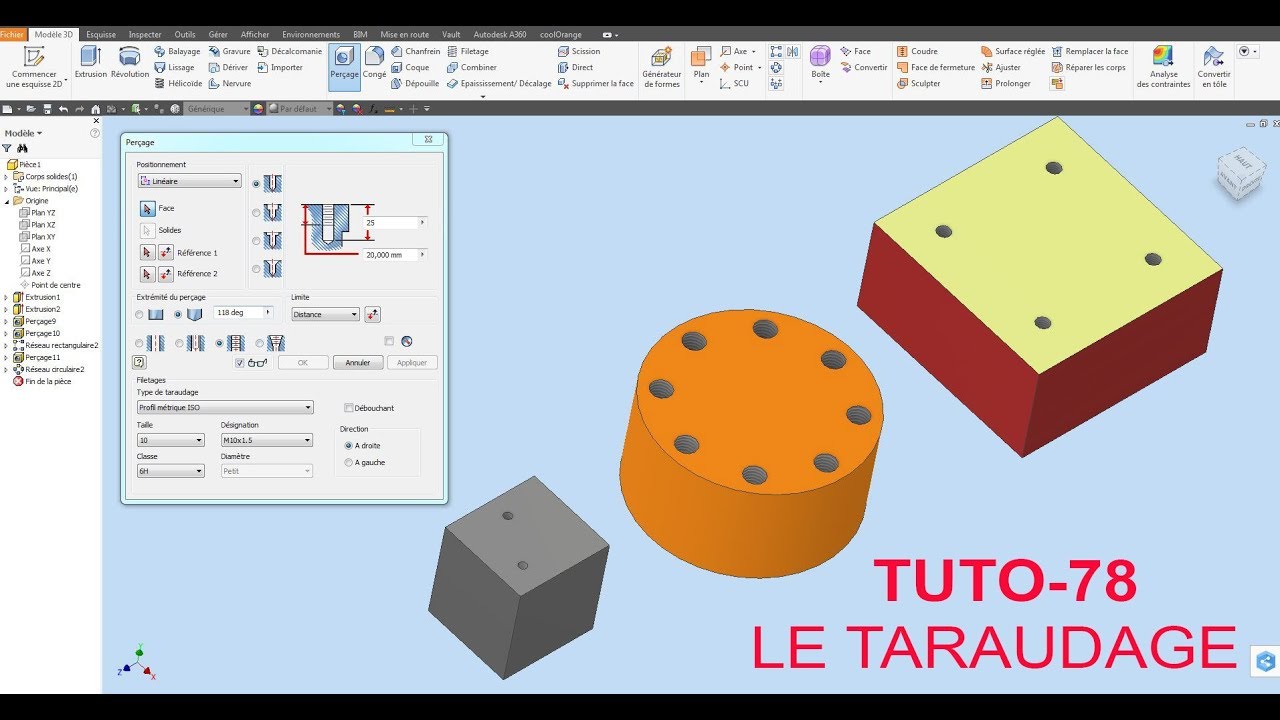 Tuto 78 Autodesk Inventor  Le taraudage métrique, circulaire et rectangulaire