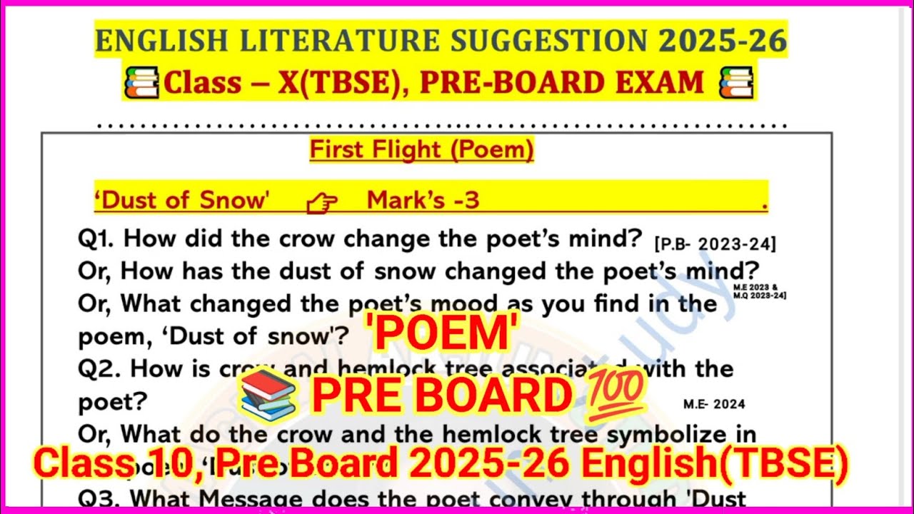 Class 10 English Pre board Suggestion 2025-26 || TBSE Poem Suggestion🎯💯📚 #proses #preboardexam #1k 