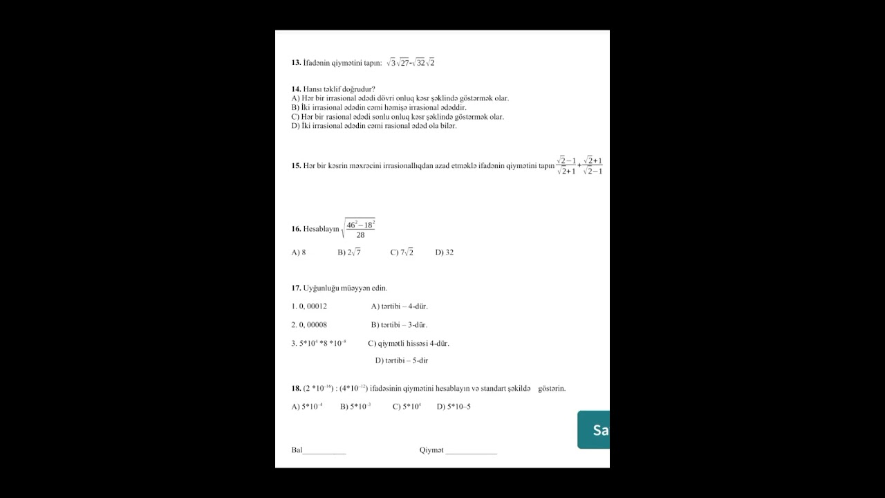 8-ci Sinif Riyaziyyat Ksq-1 #keşfet #keşfetbeni&ouml;ne&ccedil;ıkar #testler #riyaziyyat