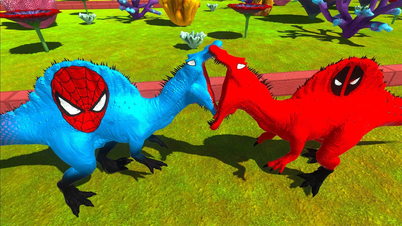 DEADPOOL SPINOSAURUS vs SPIDERMAN SPINOSAURUS DEATH RUN - Animal Revolt Battle Simulator