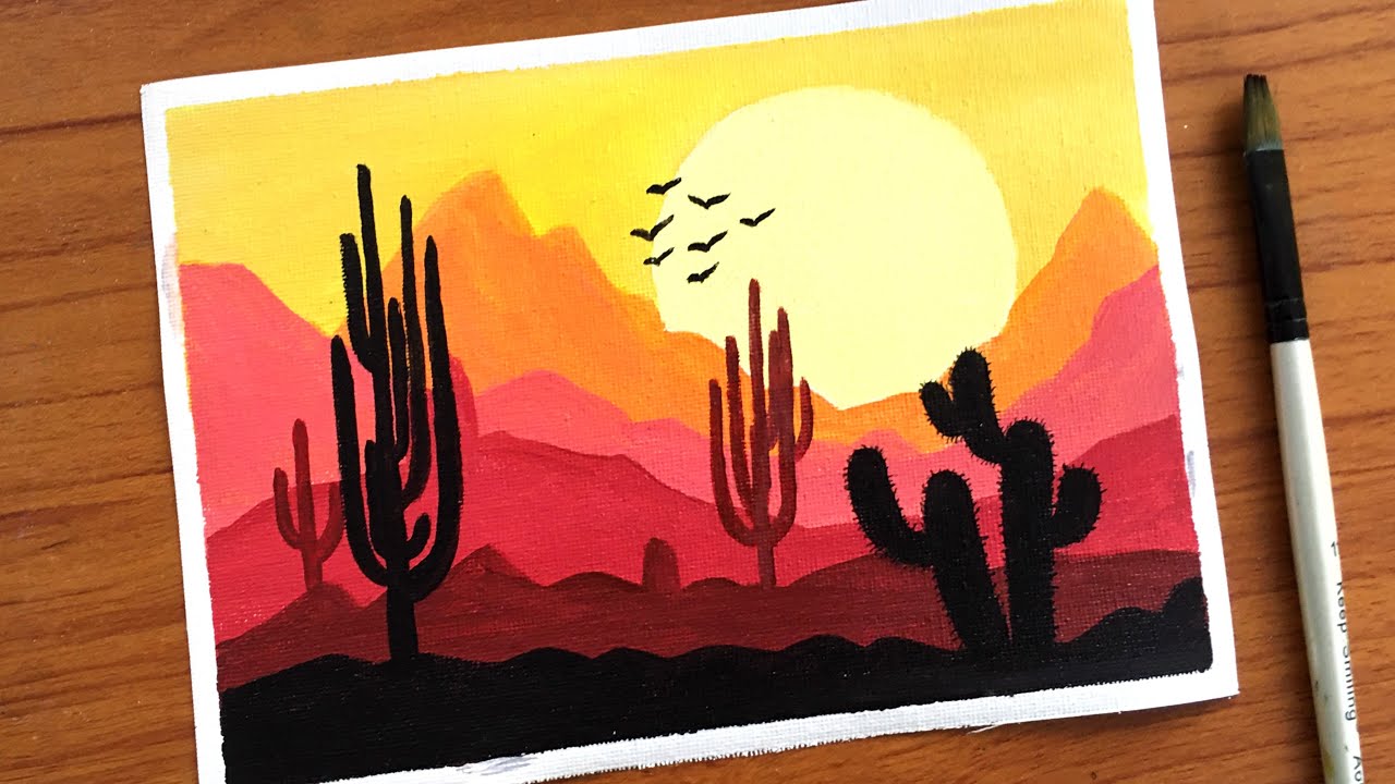 Easy Desert Painting for beginners | How to paint Cactus Landscape | Acrylic Painting