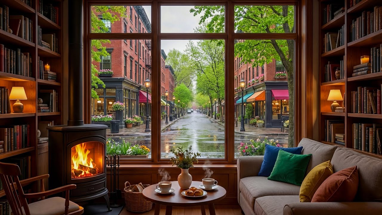 Calm Spring Coffee Hideaway ☕ Gentle Jazz Piano with Fireplace for Focus & Relaxation