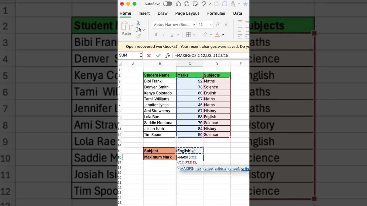 Maximum formula in excel sheet 