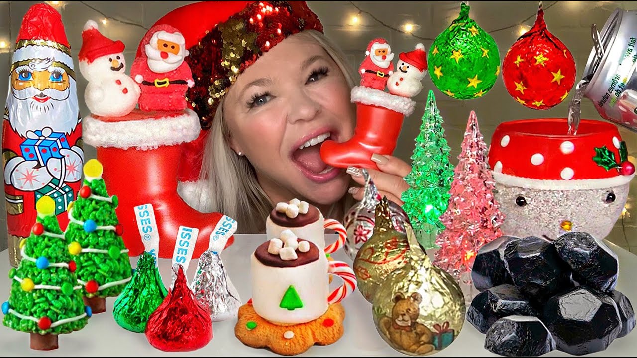ASMR CHRISTMAS DESSERTS, CHOCOLATE SANTA CLAUS, MARSHMALLOW, EDIBLE COAL, SNOWMAN, JELLY MUKBANG 먹방