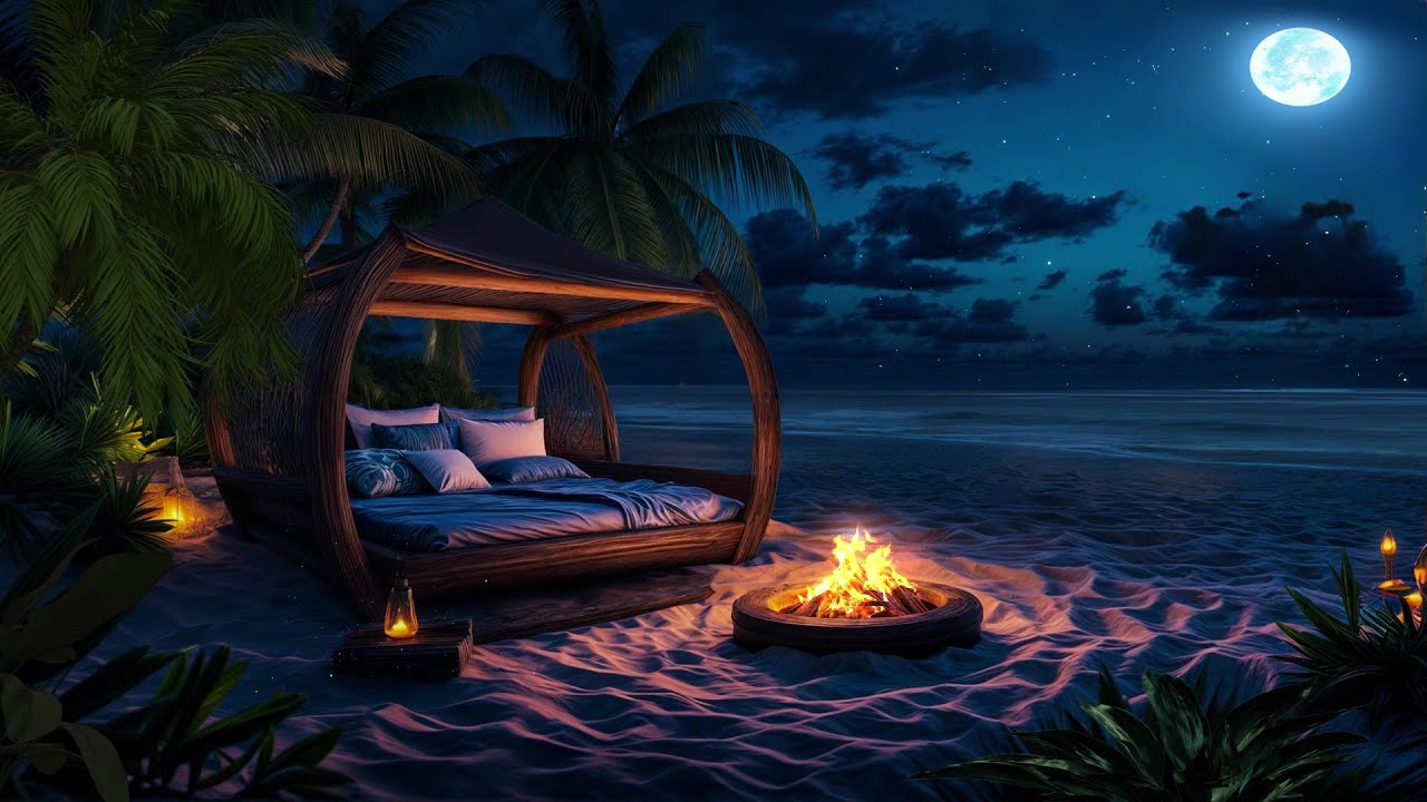Ocean Therapy | Calming Night Waves & Crackling Fire for Deep Sleep & Relaxation