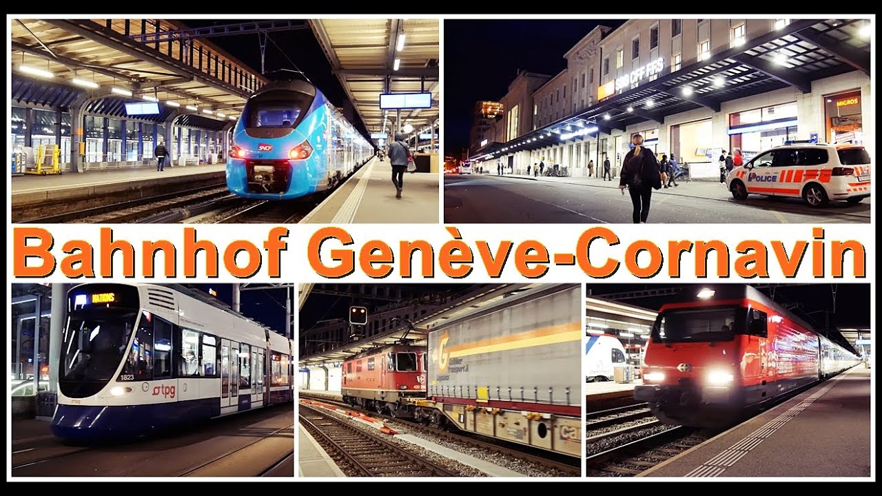 Geneva Train Station / Nachts beim Bahnhof Genève-Cornavin, Stadt Genf, Schweiz 2021