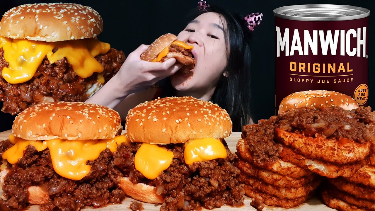 CHEESY SLOPPY JOE SANDWICH MUKBANG! How To Make Manwich Cheese Sandwich Recipe - Asmr Eating Sounds