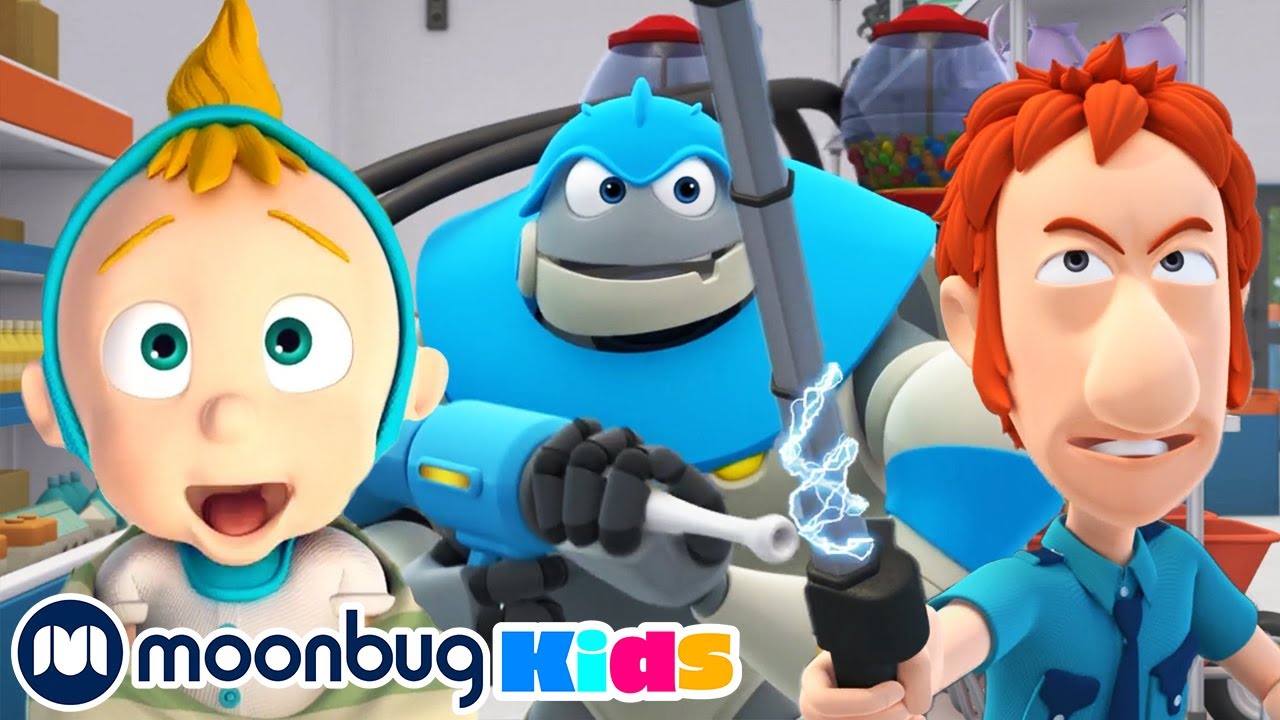 Supermarket Showdown - Kids Video Subtitles | Arpo the Robot | Cartoons for Kids | Moonbug Literacy