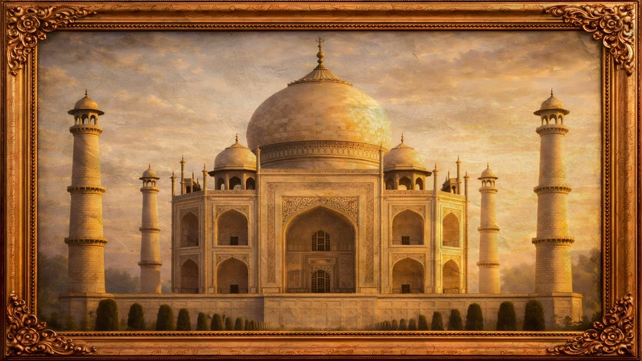 Golden Taj Mahal Wall Art | Elegant Framed Architecture | 2 Hours Silent Visual (4K)