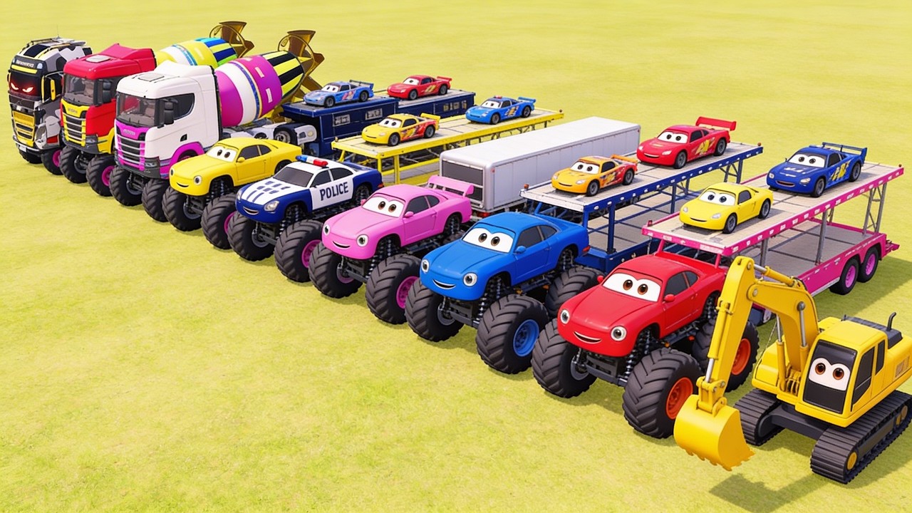 Triple Flatbed Trailer McQueen Transportation with Truck - Speedbumps vs Cars vs Train - FS22 #39