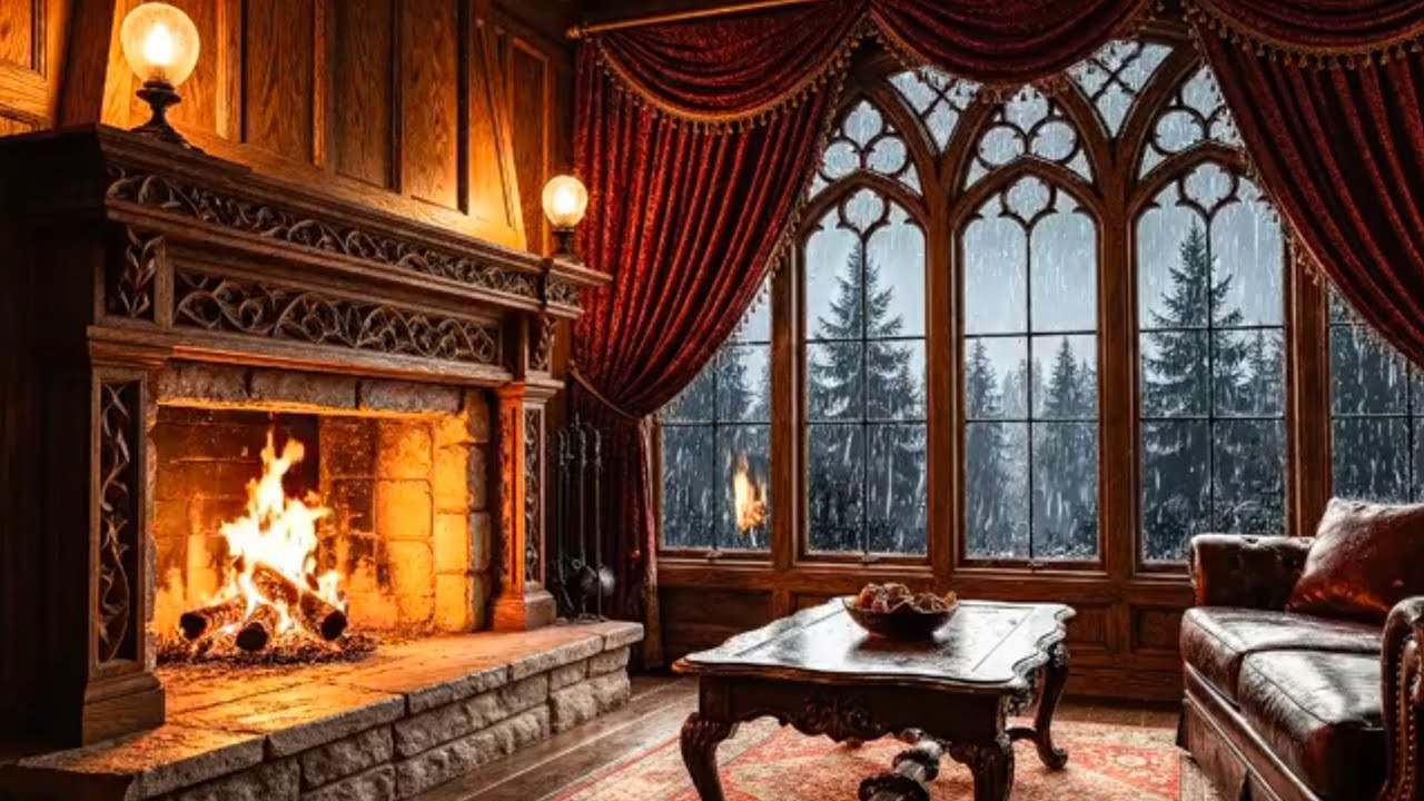 Luxury Fireplace Ambience | Crackling Fire & Thunderstorm | 4 Hours of Cozy Night Sounds
