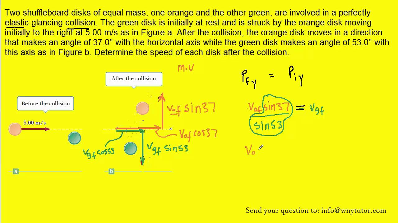 Two shuffleboard disks of equal mass, one orange and the other green, are involved in a perfectly el