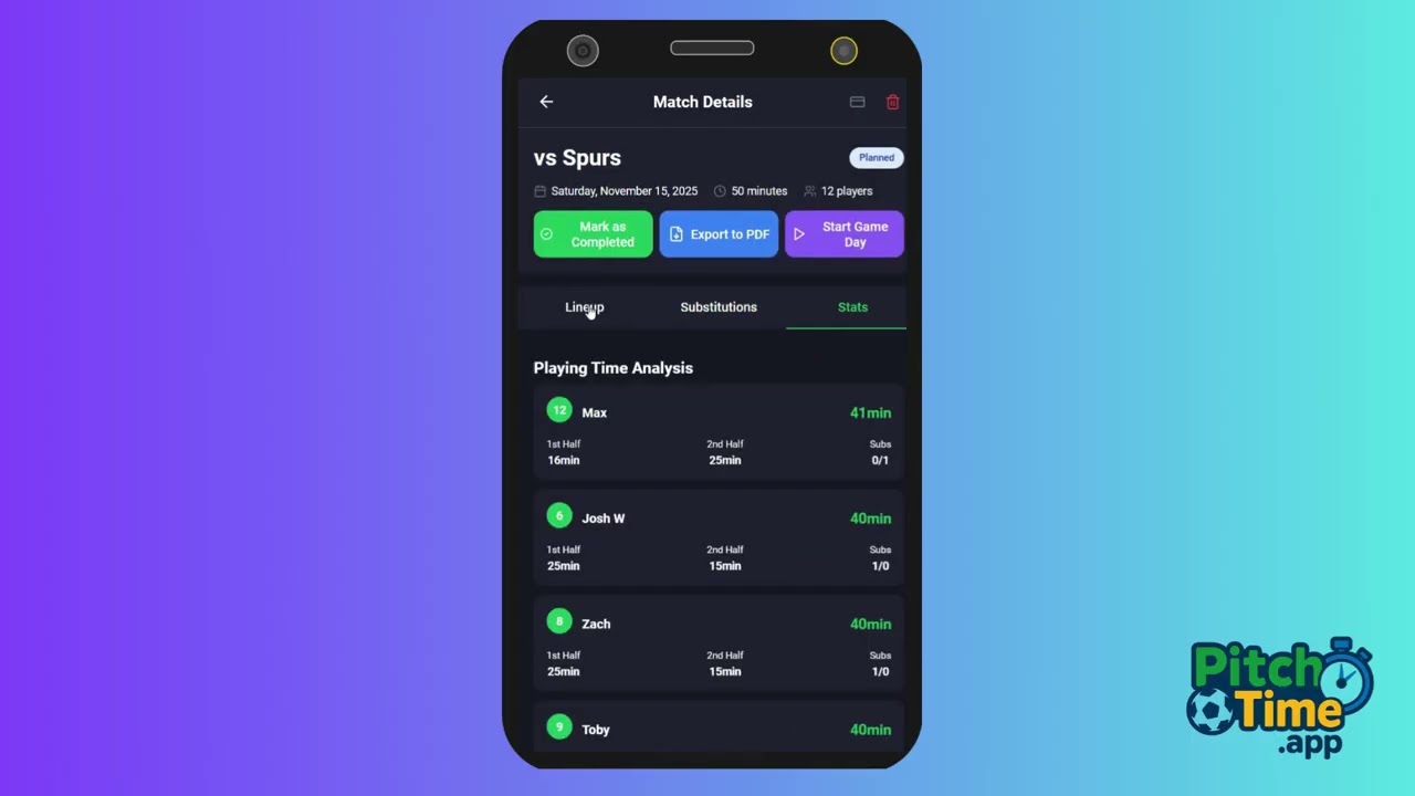 Demo PitchTime: Gestione squadra di calcio con IA &mdash; minutaggio equo, formazioni e sostituzioni