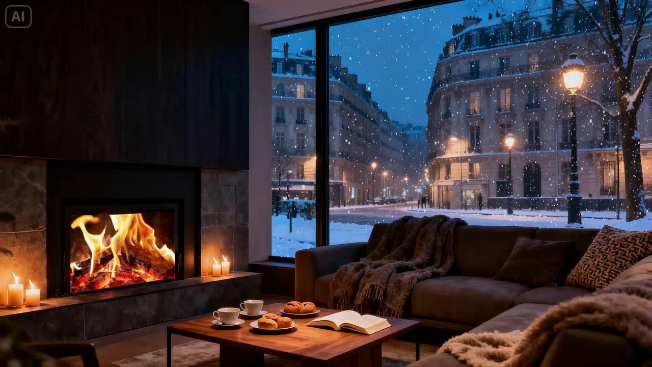 Warm Fireplace Inside  Snowfall Over a Peaceful Parisian Street at Night