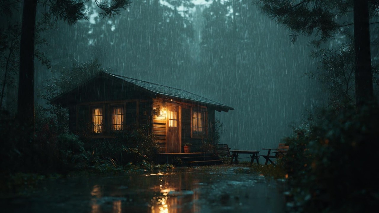 4K Cozy Forest Cabin in Heavy Rain | Relaxing Rain Ambience for Insomnia