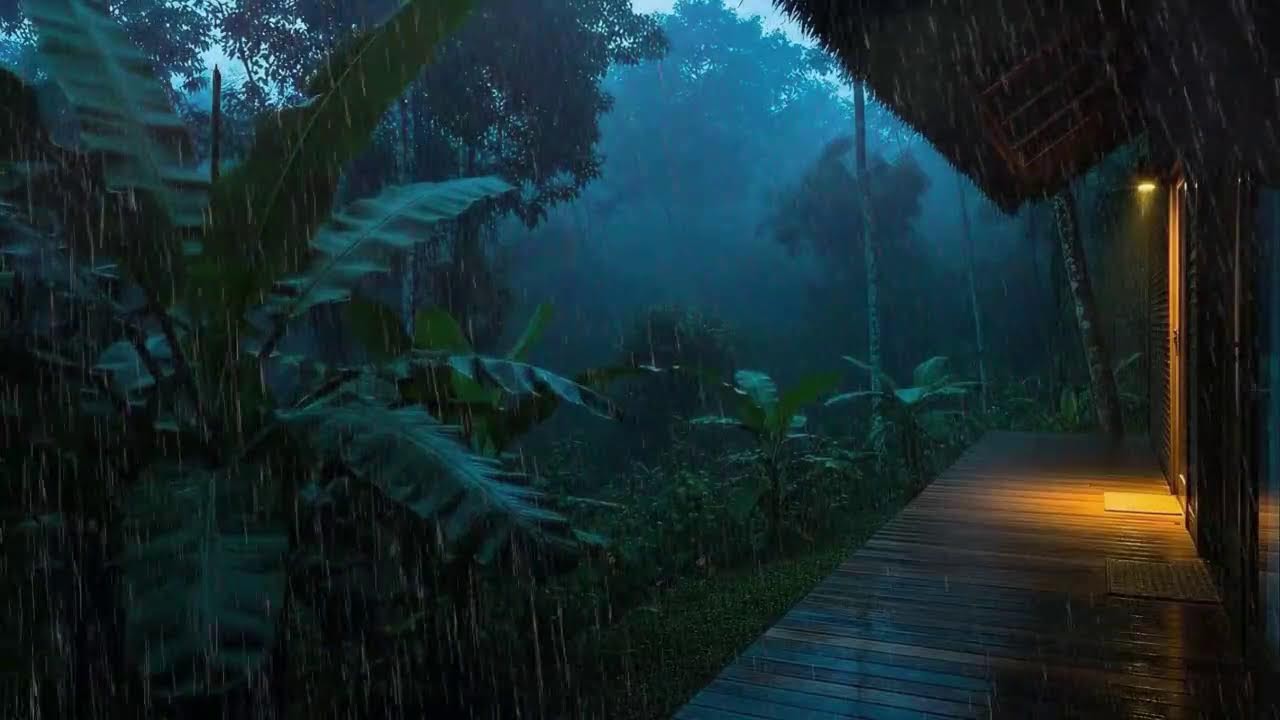 Fall Asleep Fast with Warm Rainfall and Rolling Thunder at Wooden Cabin Terrace 🌧️