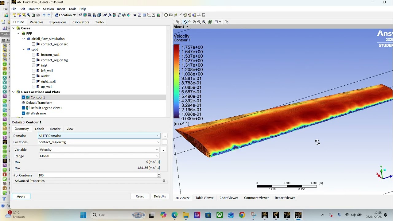 SIMULASI VELOCITY AND PRESSURE PADA AIRFOIL NACA 2412 CFD 3D (ANSYS)