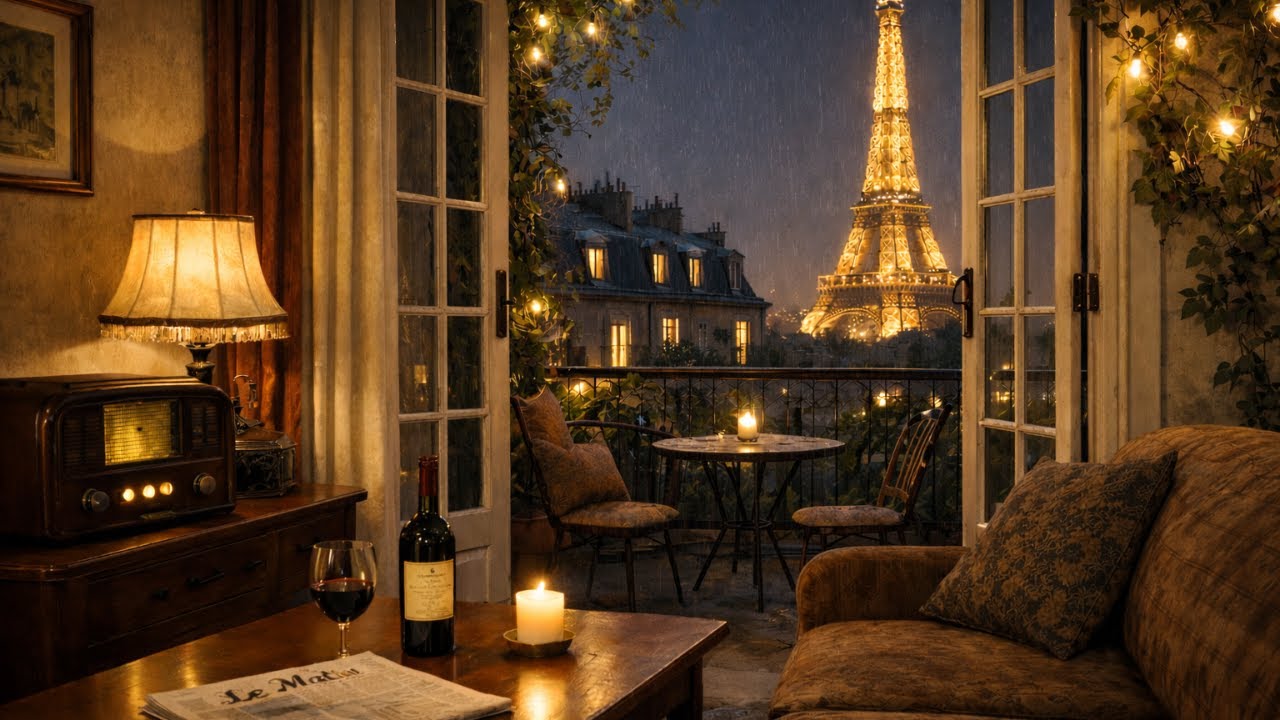 Vintage Paris 1940s 🌙 Cozy Rooftop Ambience | Old Radio, Rain & Night Music