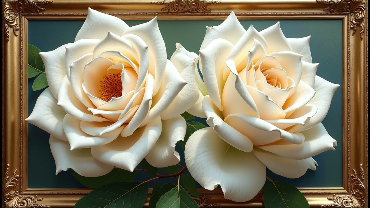 Beautiful Elegant White Roses 4K Tv Screensaver | Gold Framed Art For Your Tv | 3D Flowers Wallpaper