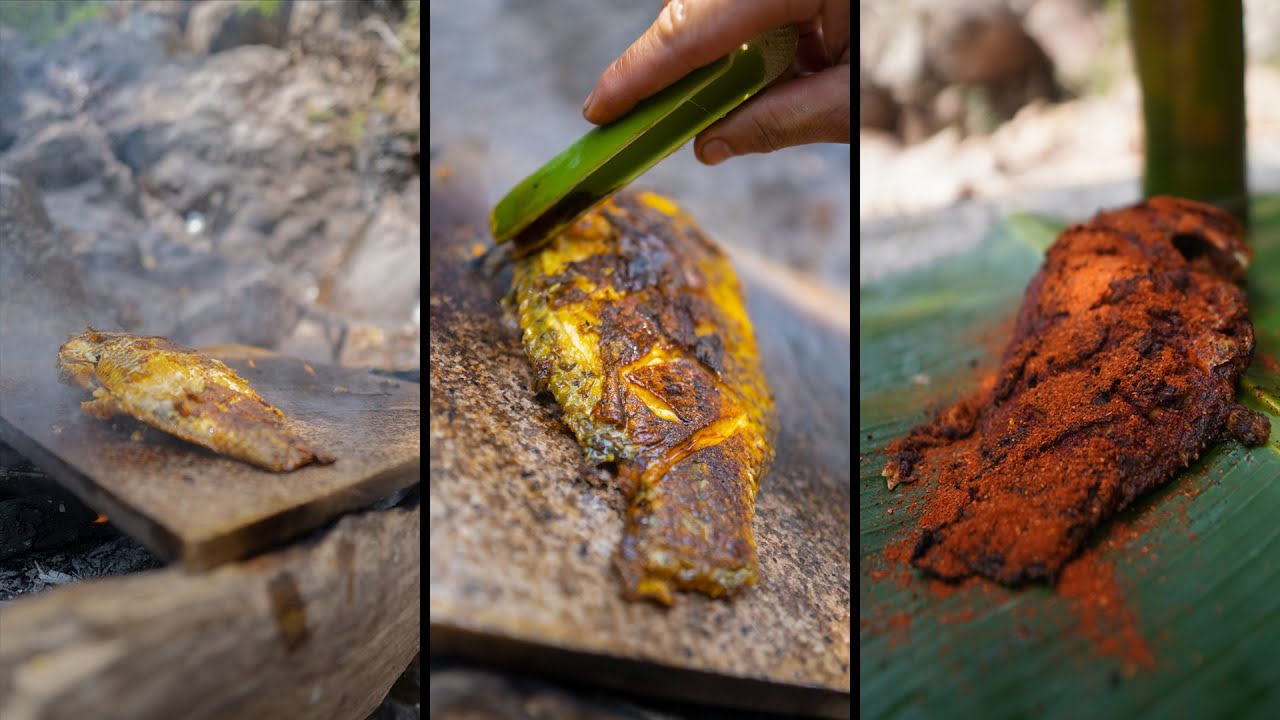 The best grilled fish on the rocks + Chili Oil - Cooking in the Forest | jungle kitchen