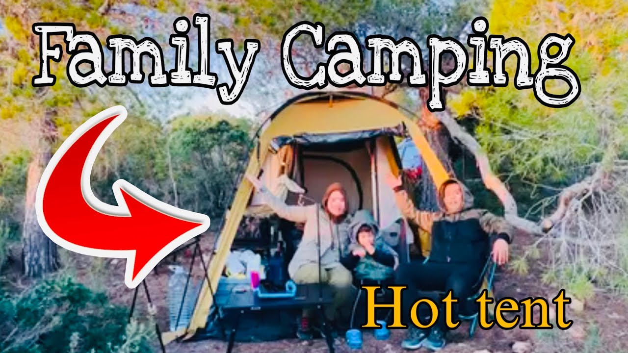 FAMILY  WILD CAMPING IN A VERY REMOTE MOUNTAIN  | WINTER SURVIVAL IN STRONG WIND | HOT TENT