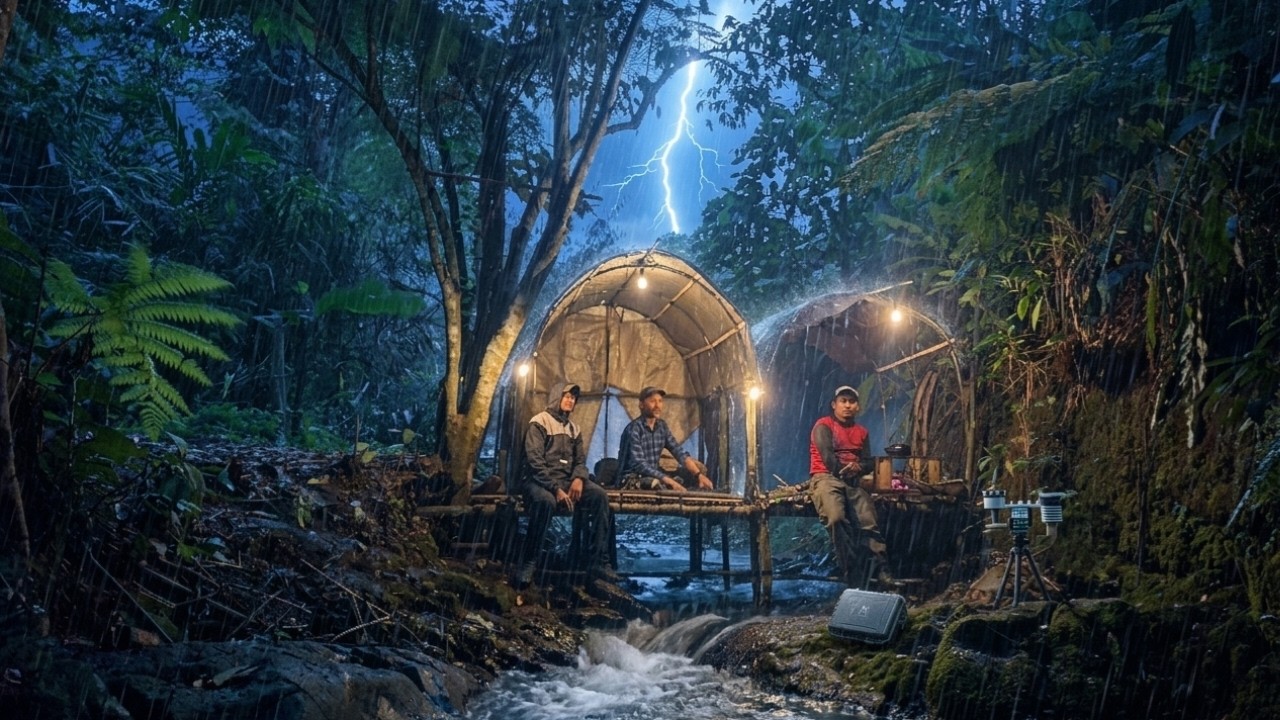 Разбивка лагеря в лесу во время сильного дождя и грозы: отдых и приготовление еды у реки.