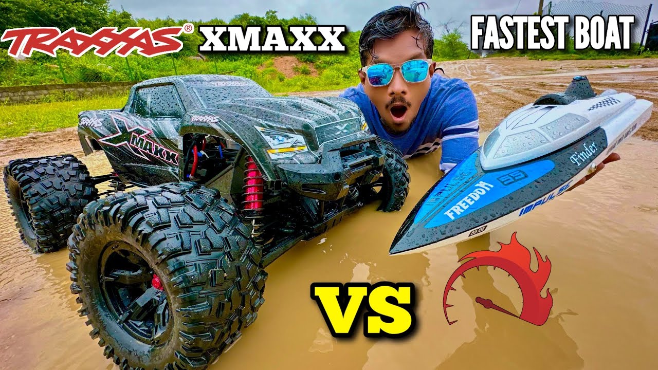 RC Jetblack Traxxas Xmaxx Hydroplane vs Super Fast Boat - Chatpat toy tv