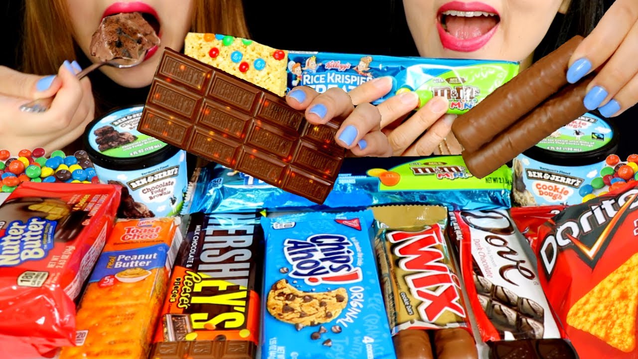 ASMR MOST POPULAR AMERICAN SNACKS (TWIX, M&M'S Rice Krispies, ICE CREAM, HERSHEY'S CHOCOLATE 먹방