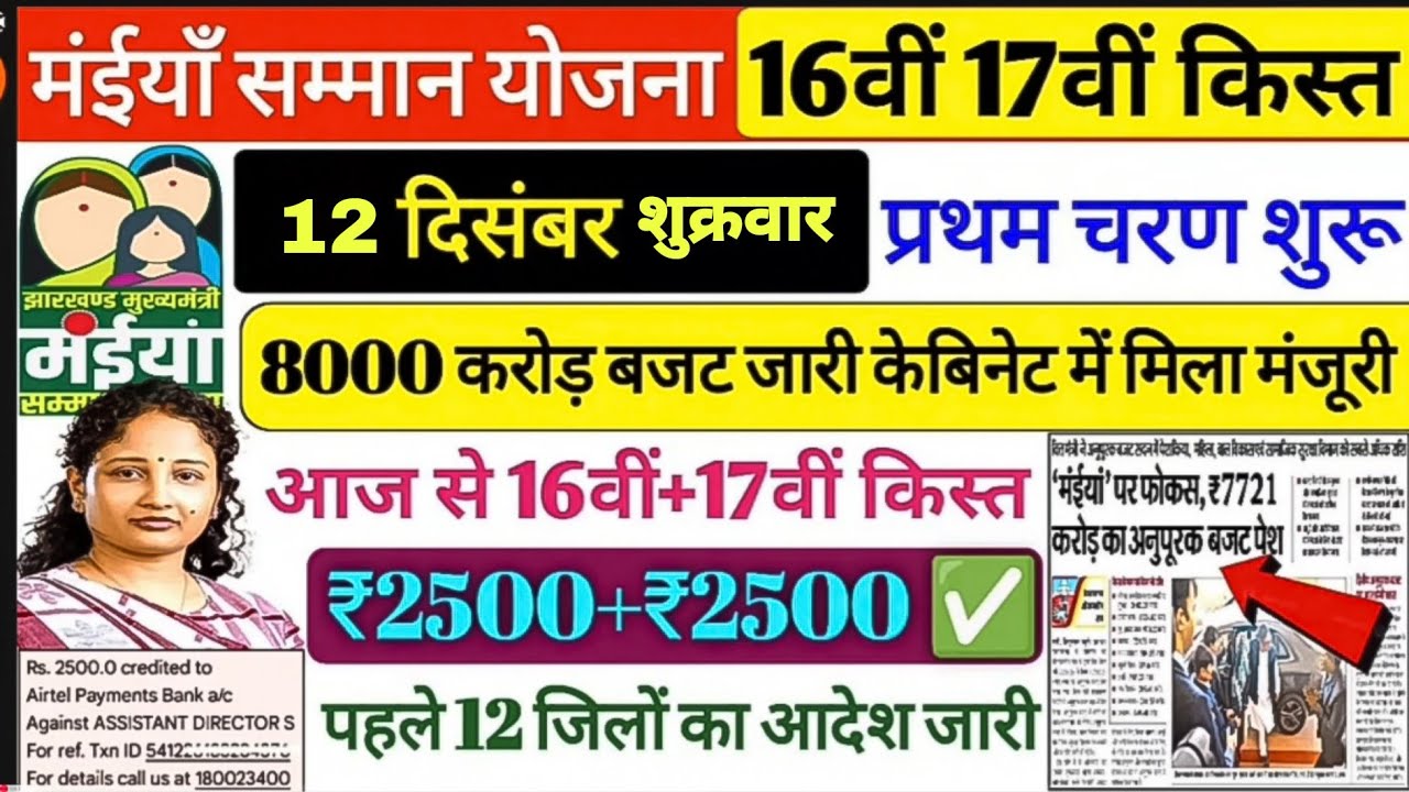 Maiya Samman Yojana 16-17वीं किस्त जारी ✔️ ₹5000 DBT Start | बड़ी अपडेट | JMMSY Latest Update 2025