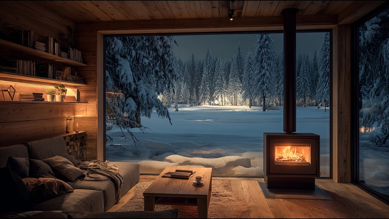4K Cozy Cabin Fireplace 10 Hours 🔥 Winter Night Ambience