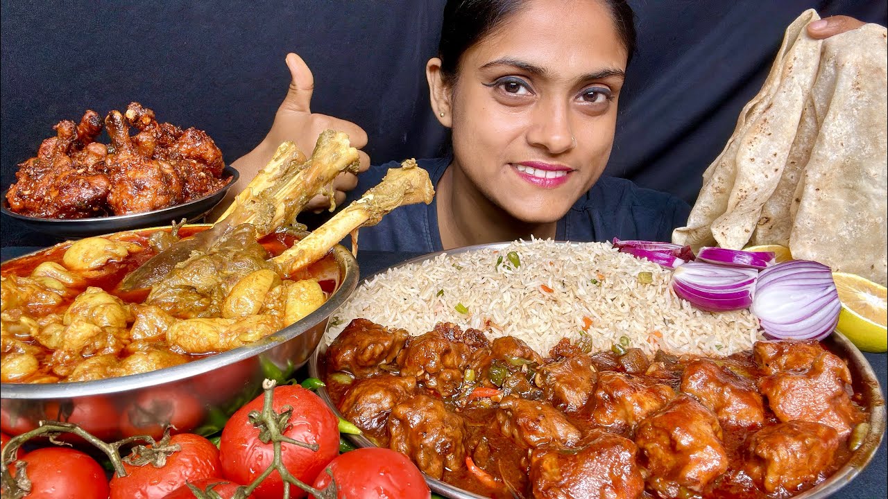 Mutton Fat Mutton Curry Chilli Chicken With Fried Rice Chicken Lollipop Romali Roti Eating