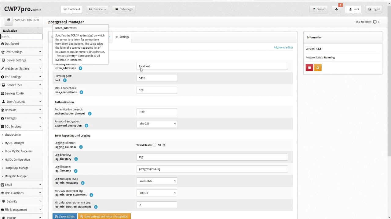 CWP - Admin Panel:  PostgreSQL tutorial